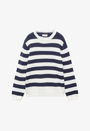 Pull à rayures horizontales bleu marine et blanches à manches longues en tricot, avec col rond et poignets et ourlet côtelés.