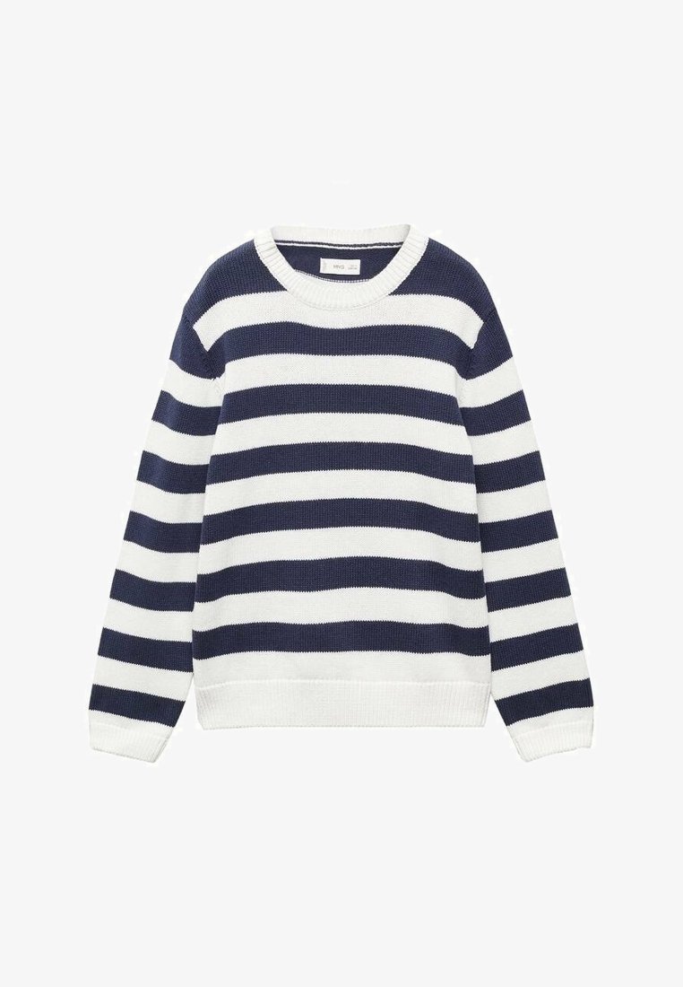 Pull à rayures horizontales bleu marine et blanches à manches longues en tricot, avec col rond et poignets et ourlet côtelés.