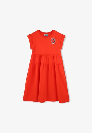 Robe en coton rouge avec un col rond, des manches courtes et une conception à volants. Présente un logo floral Kenzo Paris sur la poitrine.