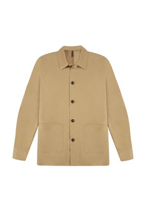 Beżowa bawełniana kurtka z wywijanym kołnierzem, z przodu zapinana na guziki, posiadająca dwie duże naszywane kieszenie. Długie rękawy i gładka faktura.