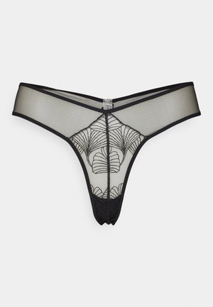 Black mesh thong with embroidered floral design, featuring a V-shaped waistband and soft texture. Minimal coverage with a decorative back.
