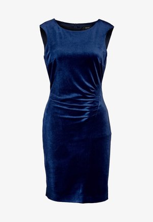 Mörkblå sammet klänning utan ärmar med en figursydd silhuett, sidofållning för detalj, och en dold dragkedja bak.
