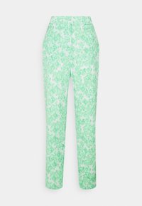 Blommönstrade byxor i ljusgrön och vit, med hög midja, rak benmodell och slät tygkänsla.