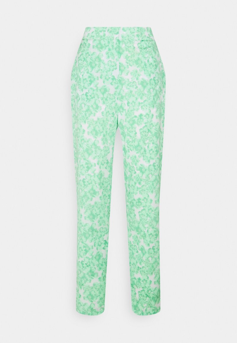 Blommönstrade byxor i ljusgrön och vit, med hög midja, rak benmodell och slät tygkänsla.