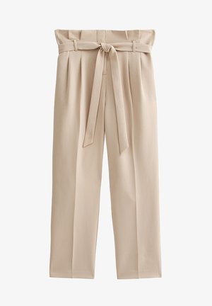 Beige plooibroek met een hoge taille, ceintuur en wijde benen. Glad stof met een minimalistische stijl en zonder zichtbare hardware.