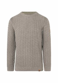Grauer Strickpullover mit strukturiertem Muster, Rundhalsausschnitt und gerippten Bündchen. Verfügt über ein kleines Logo-Patch am unteren Saum.