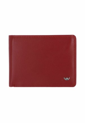 Portefeuille en cuir rouge pliable avec couture visible et petit emblème argenté en bas à droite sur fond blanc.