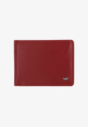 Rotes Leder-Bifold-Portemonnaie mit sichtbaren Nähten und einem kleinen silbernen Emblem in der unteren rechten Ecke auf weißem Hintergrund.