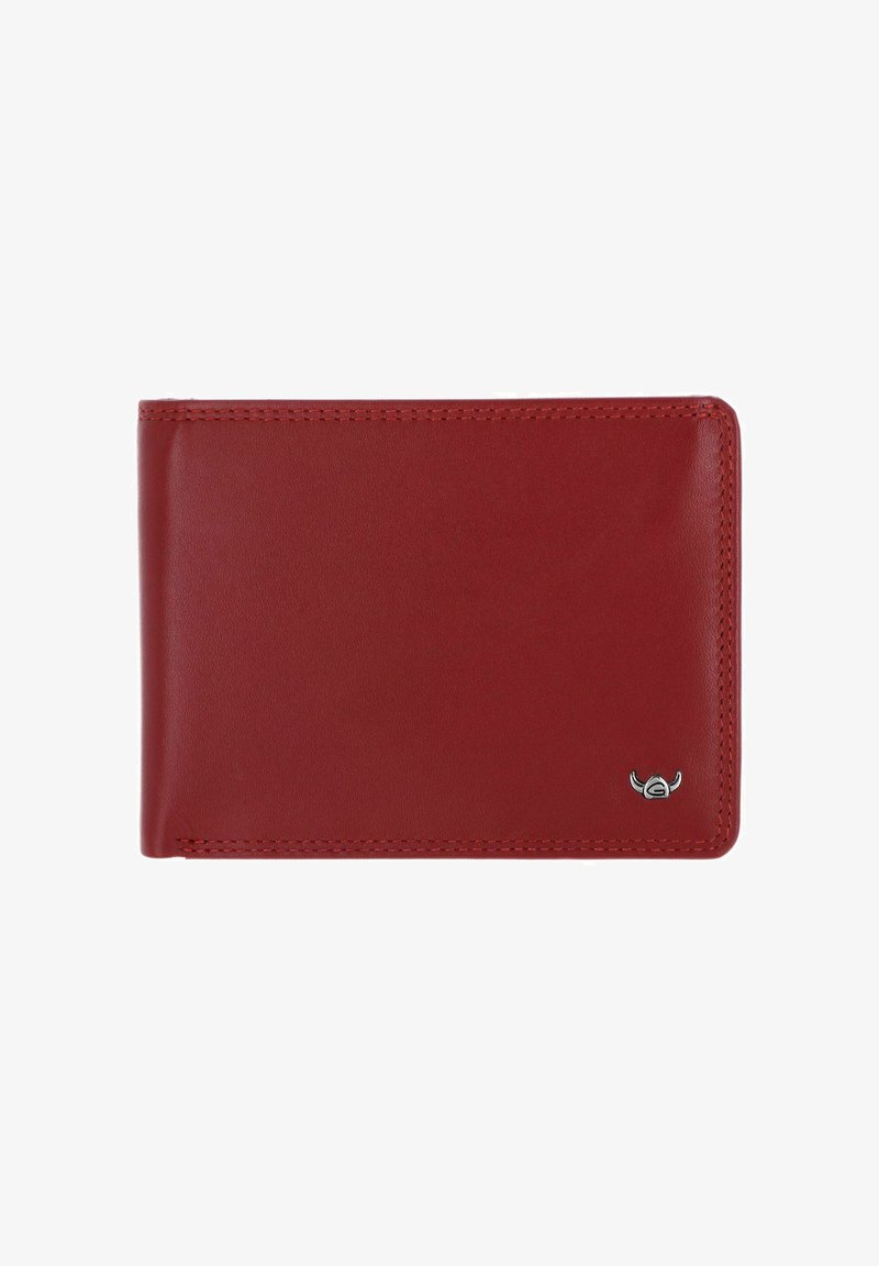 Portefeuille en cuir rouge pliable avec couture visible et petit emblème argenté en bas à droite sur fond blanc.