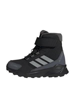 Black hiking boots with gray accents, high-top design, textured material, lace closure with a Velcro strap, and rugged sole for traction.