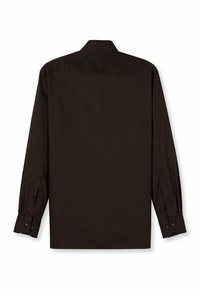 Dunkelbraunes Langarmhemd mit strukturiertem Muster, spitzem Kragen und geknöpften Manschetten, mit geradem Schnitt und Rückenpasse.