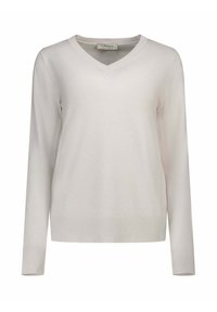 Maglione beige chiaro a collo a V, realizzato in materiale a maglia liscia, con maniche lunghe e dettagli a costine sull'orlo.