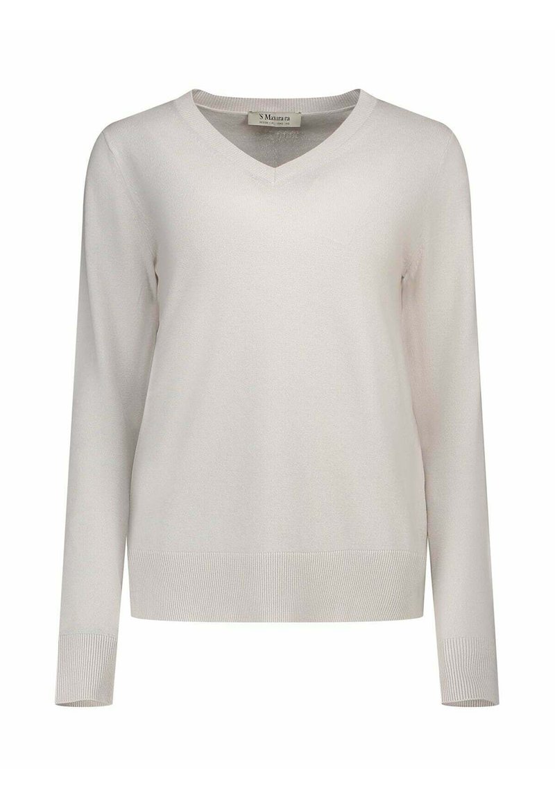 Maglione beige chiaro a collo a V, realizzato in materiale a maglia liscia, con maniche lunghe e dettagli a costine sull'orlo.