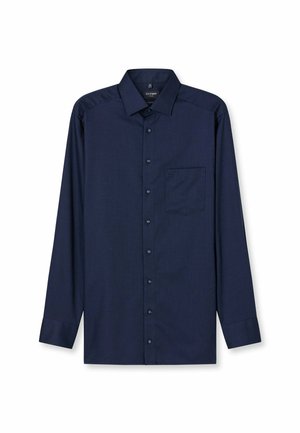 Navy blue long-sleeve shirt made from woven fabric, featuring a button-up front, single chest pocket, and rounded collar.
