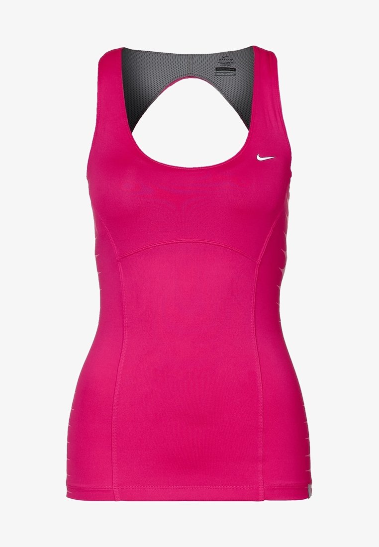 Débardeur de sport sans manches rose vif avec un dos nageur et un petit logo Nike swoosh blanc sur la poitrine.