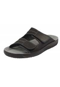 Sandal nera aperta davanti con due cinturini regolabili in velcro e una suola contornata e imbottita per comfort e supporto.