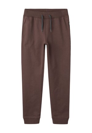 Brune tapered joggingbukser med ribbet talje og manchetter, med grå snore og sidelommer.