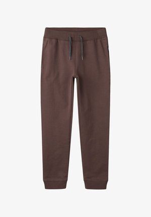 Pantaloni sport maro conici cu talie și margini striate, cu șnururi gri și buzunare laterale.