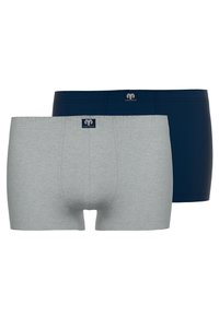 Grijze en marineblauwe boxershorts van een zachte katoenmix, met een elastische tailleband en logoprints. Zachte textuur met minimale stikseldetails.