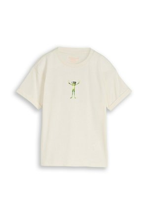 Crèmekleurig t-shirt met korte mouwen, bedrukt in het midden van de borst met een kleine groene kikker die VR-bril draagt.