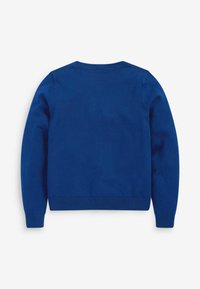 Blauer Strickpullover, Rundhalsausschnitt, lange Ärmel, gerippte Bündchen und Saum, weiche Textur, nahtloses Schulterdesign, schlicht ohne Muster oder Akzente.