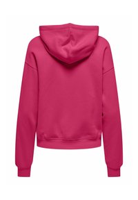 Hoodie rose vif uni avec des manches longues, des poignets côtelés et une capuche, présenté de dos sur un fond blanc.