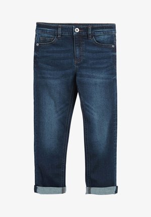 Jeans z denimu w ciemnym odcieniu o prostym kroju nogawki, z podwiniętymi mankietami, delikatnym efektem sprania i akcentami w postaci przeszyć na kieszeniach.