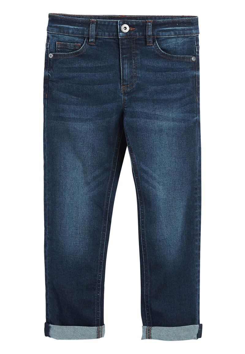 Denim jeans in een donkere wassing met een rechte pijp, voorzien van opgerolde manchetten, subtiele vervaging en stiksels op de zakken.