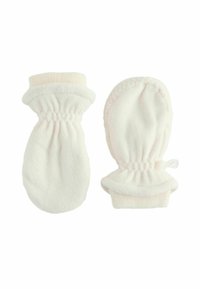 White fleece mittens with gathered elastic cuffs and ribbed wristbands, featuring a soft texture and rounded shape.