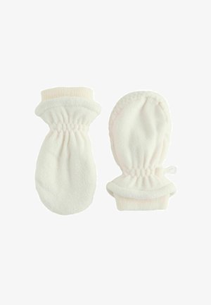 Guanti in pile bianchi con polsini elastici arricciati e bande polsino a costine, caratterizzati da una texture morbida e una forma arrotondata.