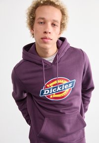 Violetinis paltas, pagamintas iš minkštos medžiagos, su centriniu logotipu, kuriame žodis "Dickies" ryškiais baltais rašmenimis ant mėlynos ir raudonos apvalios fono.