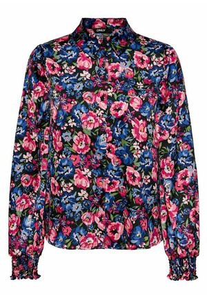 Overhemd met lange mouwen, knoopsluiting en een bloemenpatroon in roze, blauw en paars op een zwarte achtergrond, met gerimpelde manchetten.