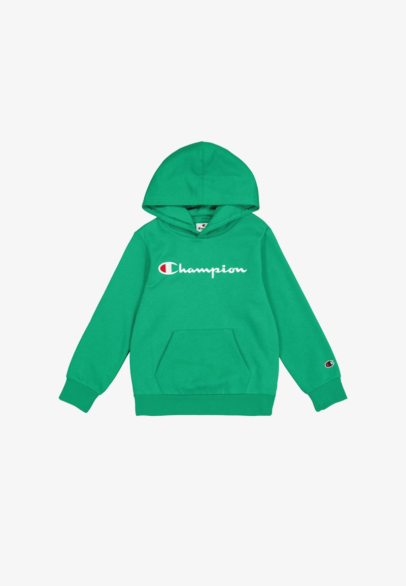 Sudadera de algodón verde con un bolsillo frontal, que presenta un logo blanco de "Champion" y un pequeño parche de logo en la manga izquierda. Capucha ajustable.