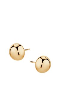 Złote okrągłe kolczyki wkręcane z polerowanym wykończeniem, z prostym zapięciem na sztyft i motylkowym zapięciem.