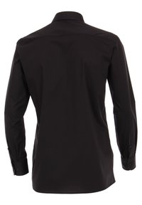 Czarna koszula z długim rękawem, gładki materiał, widok z tyłu, klasyczny kołnierz, zapięcie na guziki, dopasowany krój, minimalistyczny design, brak widocznych wzorów.