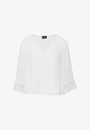 Witte blouse met V-hals en driekwart mouwen, voorzien van kanten rand aan de manchetten en een losse, vloeiende pasvorm.