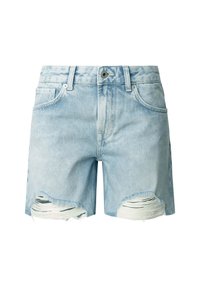 Heledad sinine denim lühikesed püksid, millel on rebenenud servad ja kulumise detailid. Omab viie tasku disaini, ees nööpkinnitust ja bleežitud tekstuuri.