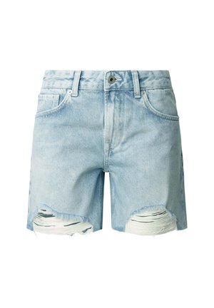 Shorts in denim blu chiaro con bordi sfrangiati e dettagli strappati. Presentano un design a cinque tasche, chiusura con bottone frontale e una texture scolorita.