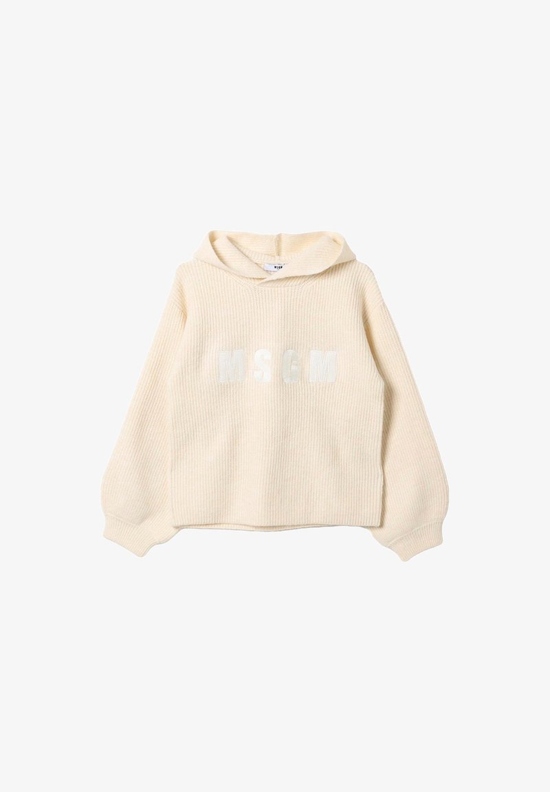Felpa color crema con texture a coste, maniche oversize e logo frontale "MSCM" con finitura lucida. Presenta una tasca frontale e cappuccio con cordino.
