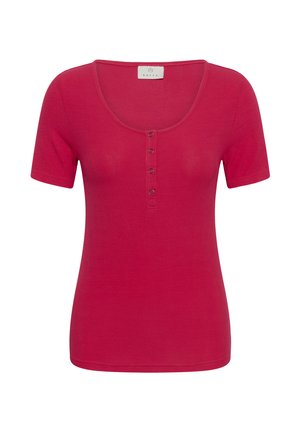 Korte mouwen, geribd, roze dames top met ronde hals en vier kleine knopen op de voorplaat, merklabel binnenin de kraag.