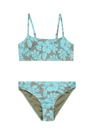 Bikini de dos piezas con estampado floral azul claro sobre fondo gris, que incluye un top corto con tirantes finos y braguitas a juego.
