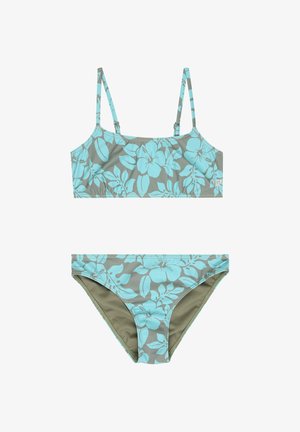 Dwuczęściowy bikini w jasnoniebieski kwiatowy wzór na szarym tle, z krótkim topem na cienkich ramiączkach i dopasowanymi majtkami.