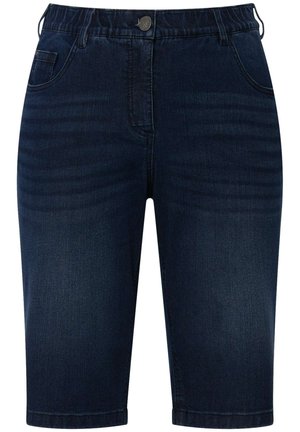 Bermudas en denim bleu foncé avec une taille élastique, poches avant et coupe droite, présentant une texture subtile sur le tissu.