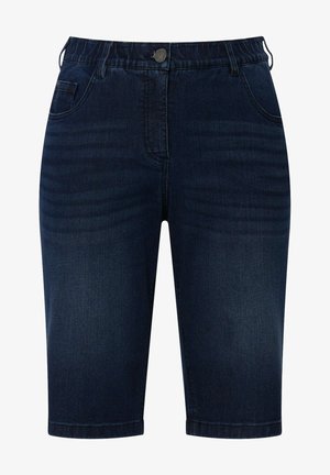 Bermuda shorts in denim blu scuro con una vita elastica, tasche anteriori e una linea dritta, caratterizzati da una leggera texture sul tessuto.