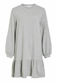 Robe grise à manches longues en tissu doux, avec un col rond et un ourlet volanté pour plus de détail.