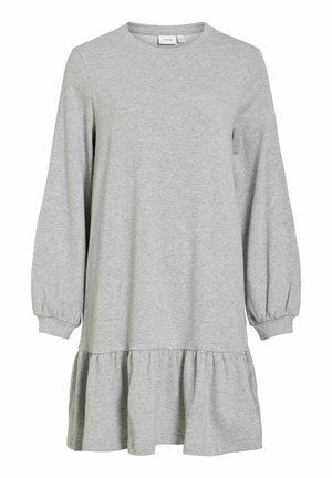 Szara, długorękawowa sukienka wykonana z miękkiego materiału, z okrągłym dekoltem i falbanką na dole dla dodatkowego efektu.