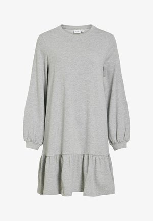 Szara, długorękawowa sukienka wykonana z miękkiego materiału, z okrągłym dekoltem i falbanką na dole dla dodatkowego efektu.
