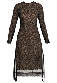 Leopardmönstrad klänning i genomskinligt meshmaterial, långa ärmar, svart spetsdetalj, sidspringor och satinsnöre på sidorna.