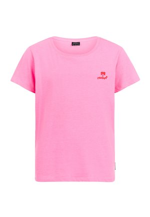 Roze katoenen T-shirt met een ronde hals en korte mouwen, voorzien van een klein rood geborduurd logo in de linkerbovenhoek.