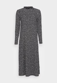 Vestido midi negro de manga larga con cuello alto, corsé ajustado y pequeño estampado floral blanco distribuido de manera uniforme por toda la tela.